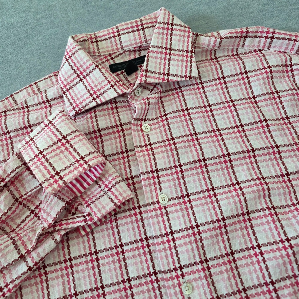 Express Design Studio Mens Pink Houndstooth Plaid Cotton Button Down Shirt Med